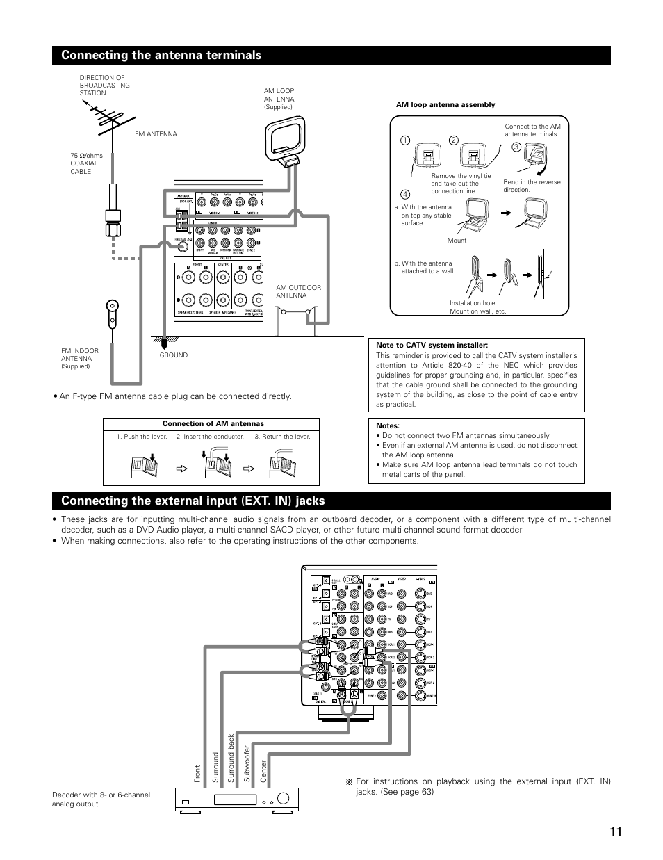 Connecting the antenna terminals, Connecting the external input (ext. in) jacks | Denon AVR-3805 User Manual | Page 11 / 104
