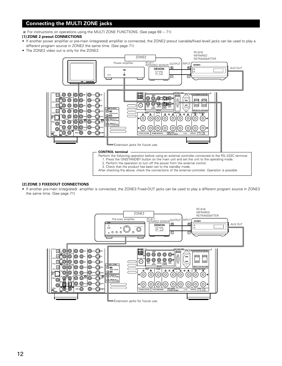 Connecting the multi zone jacks | Denon AVR-3805 User Manual | Page 12 / 104