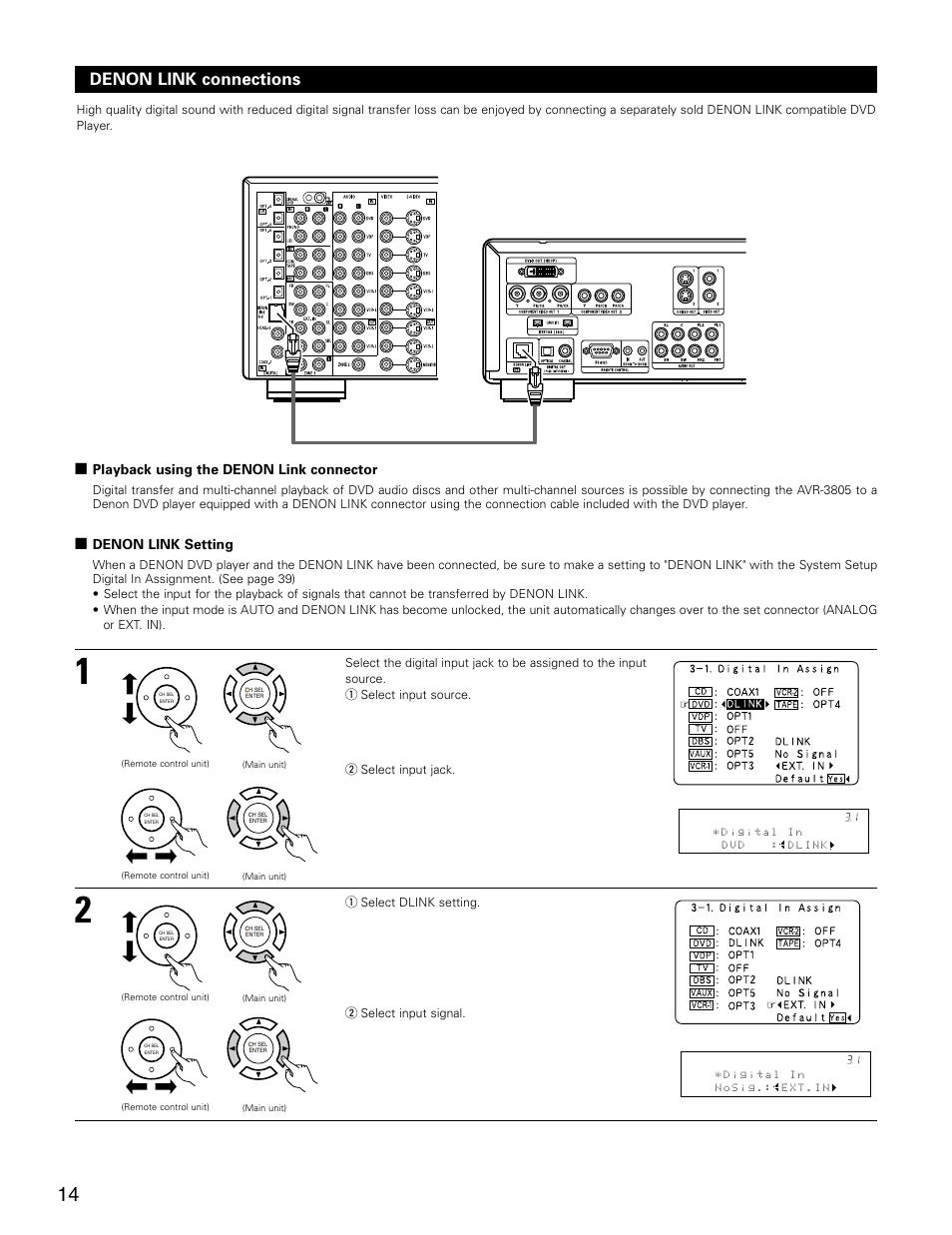 Denon link connections, 2 denon link setting, 2 playback using the denon link connector | Denon AVR-3805 User Manual | Page 14 / 104