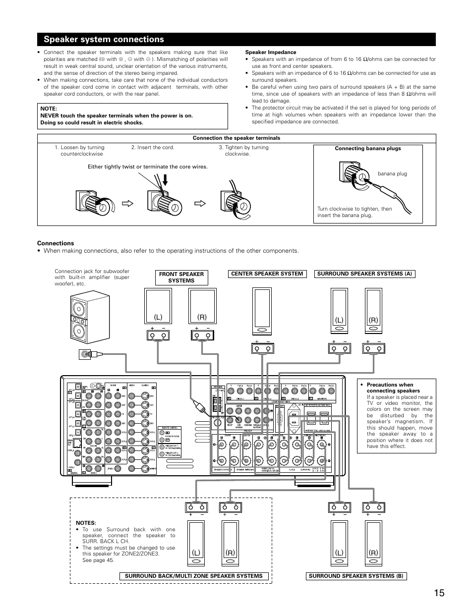 Speaker system connections | Denon AVR-3805 User Manual | Page 15 / 104