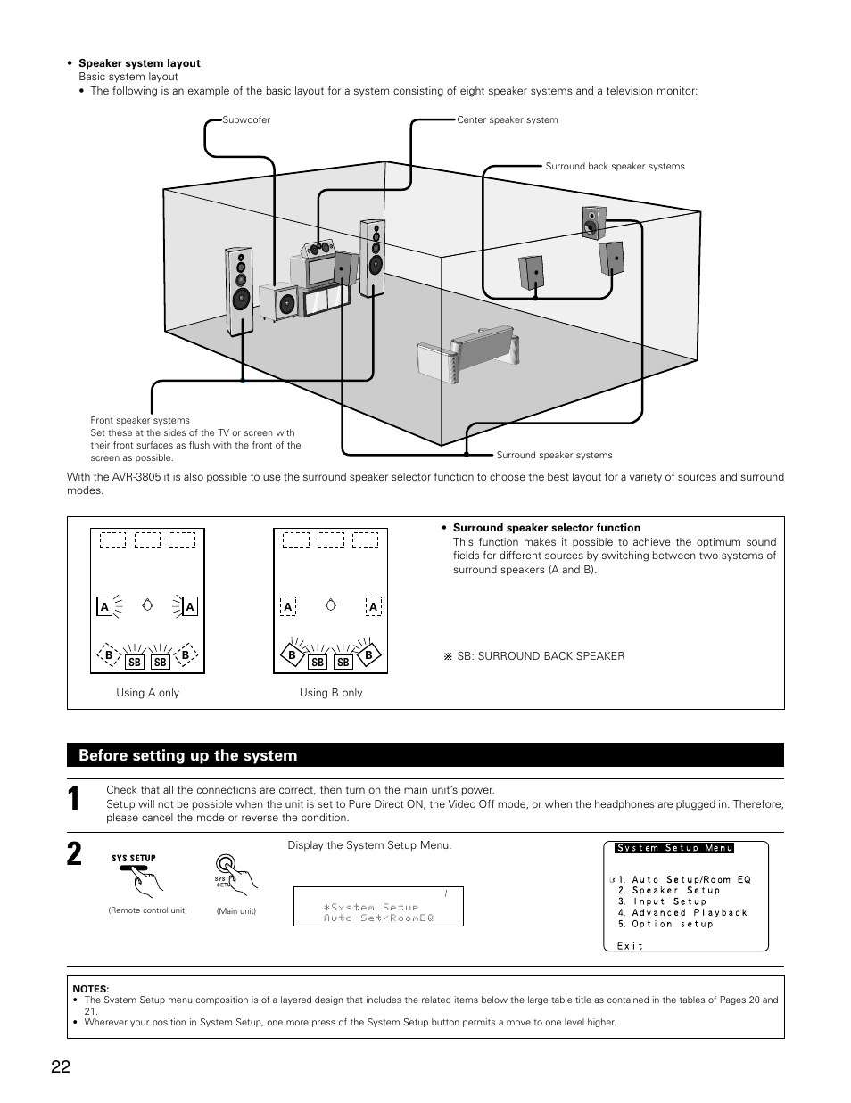 Before setting up the system | Denon AVR-3805 User Manual | Page 22 / 104