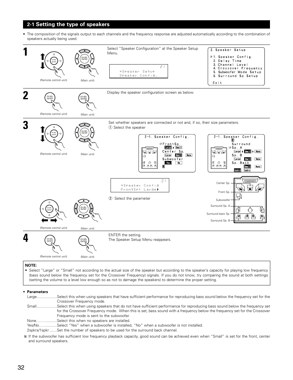 Setting the type of speakers | Denon AVR-3805 User Manual | Page 32 / 104