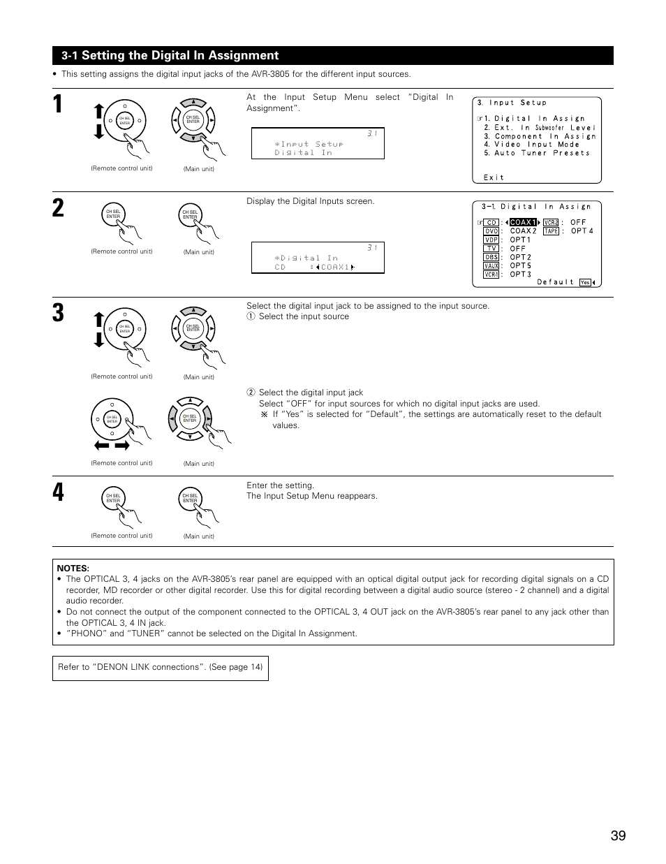 Setting the digital in assignment | Denon AVR-3805 User Manual | Page 39 / 104