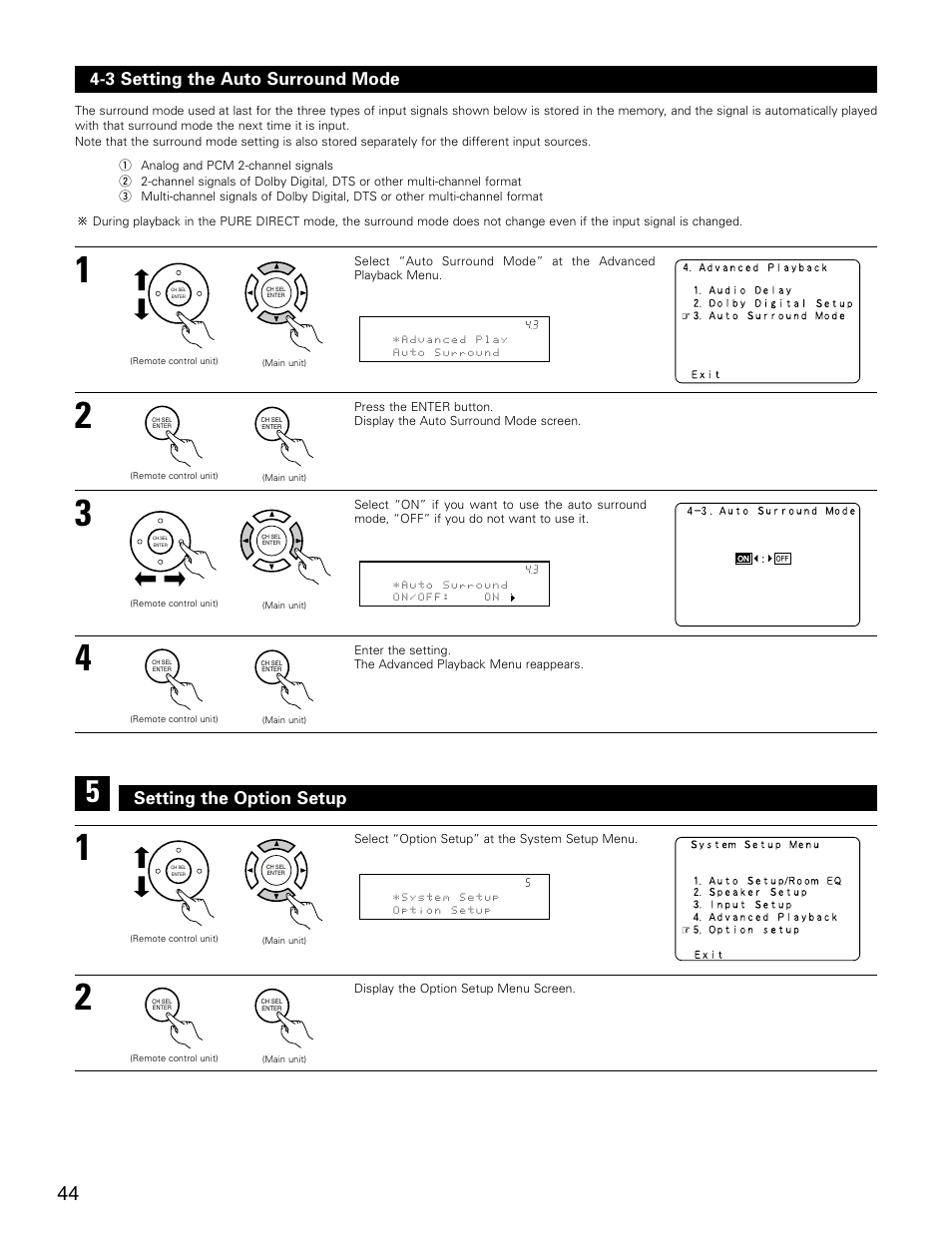 3 setting the auto surround mode, Setting the option setup | Denon AVR-3805 User Manual | Page 44 / 104