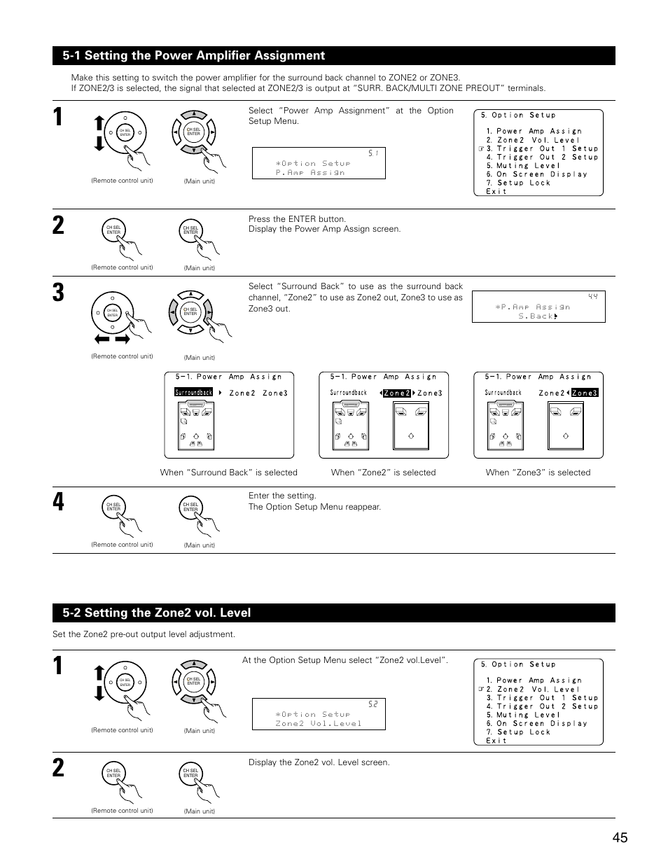 1 setting the power amplifier assignment, 2 setting the zone2 vol. level | Denon AVR-3805 User Manual | Page 45 / 104