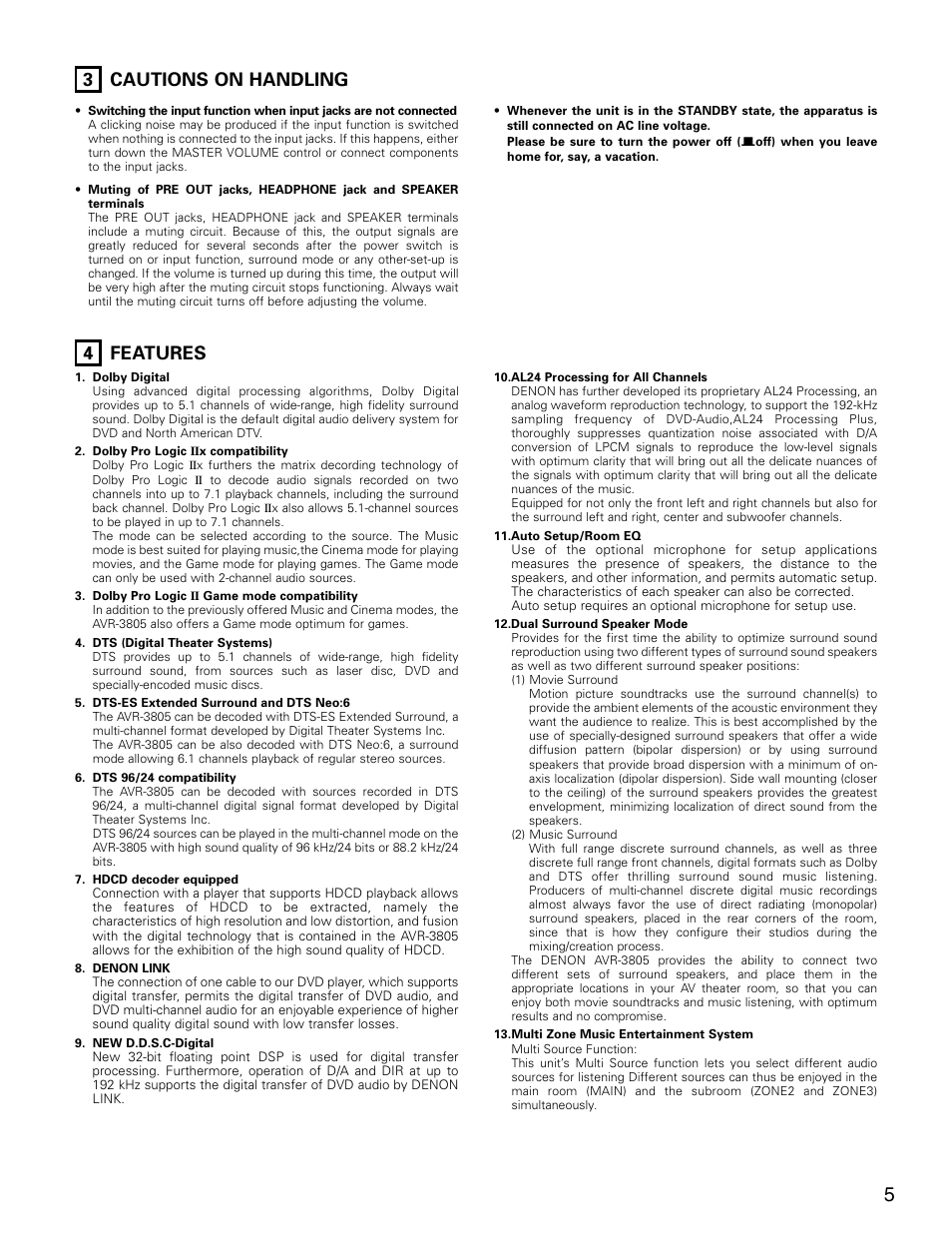 3 cautions on handling 4 features | Denon AVR-3805 User Manual | Page 5 / 104