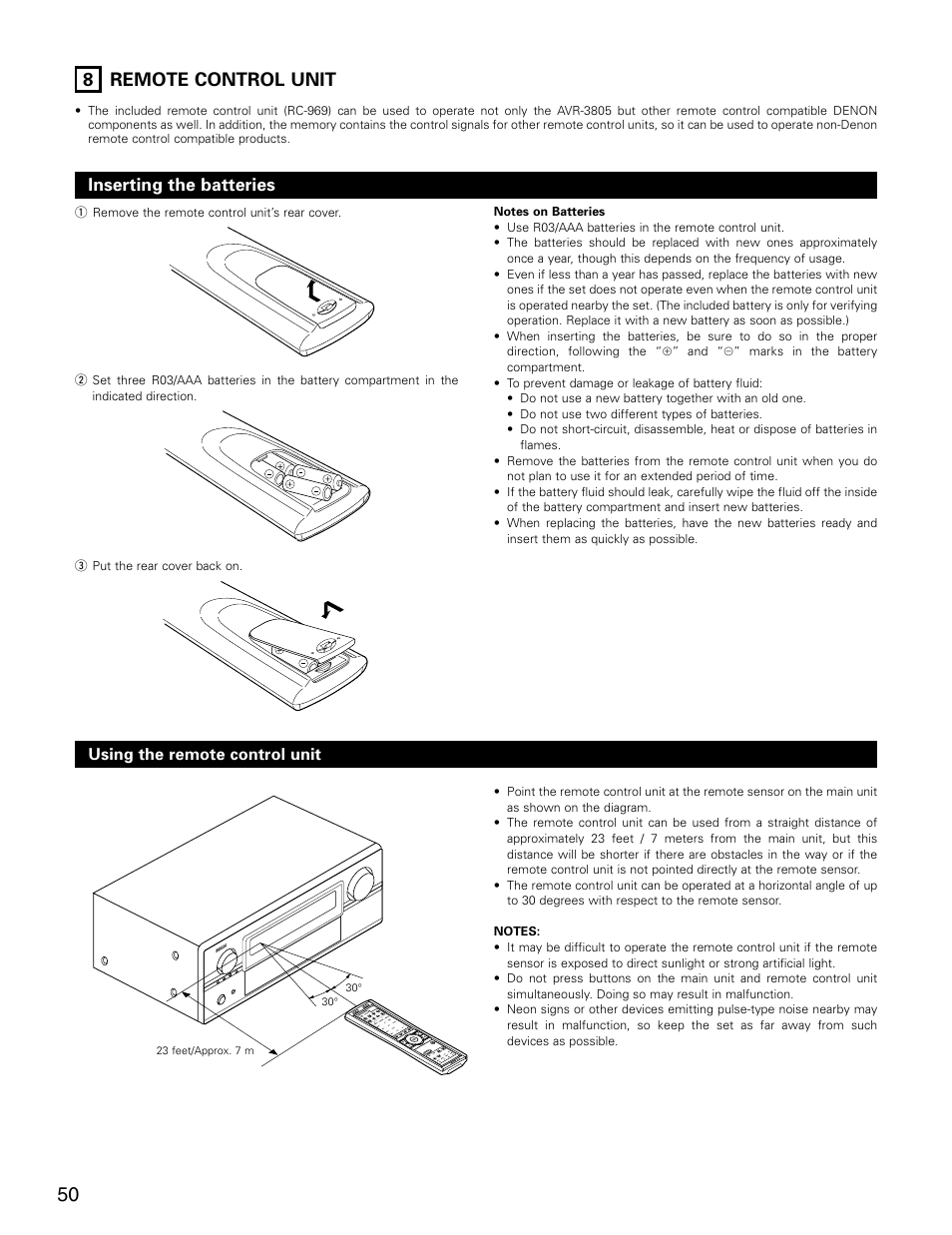 8 remote control unit, Inserting the batteries | Denon AVR-3805 User Manual | Page 50 / 104