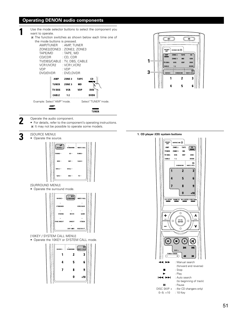 Operating denon audio components | Denon AVR-3805 User Manual | Page 51 / 104