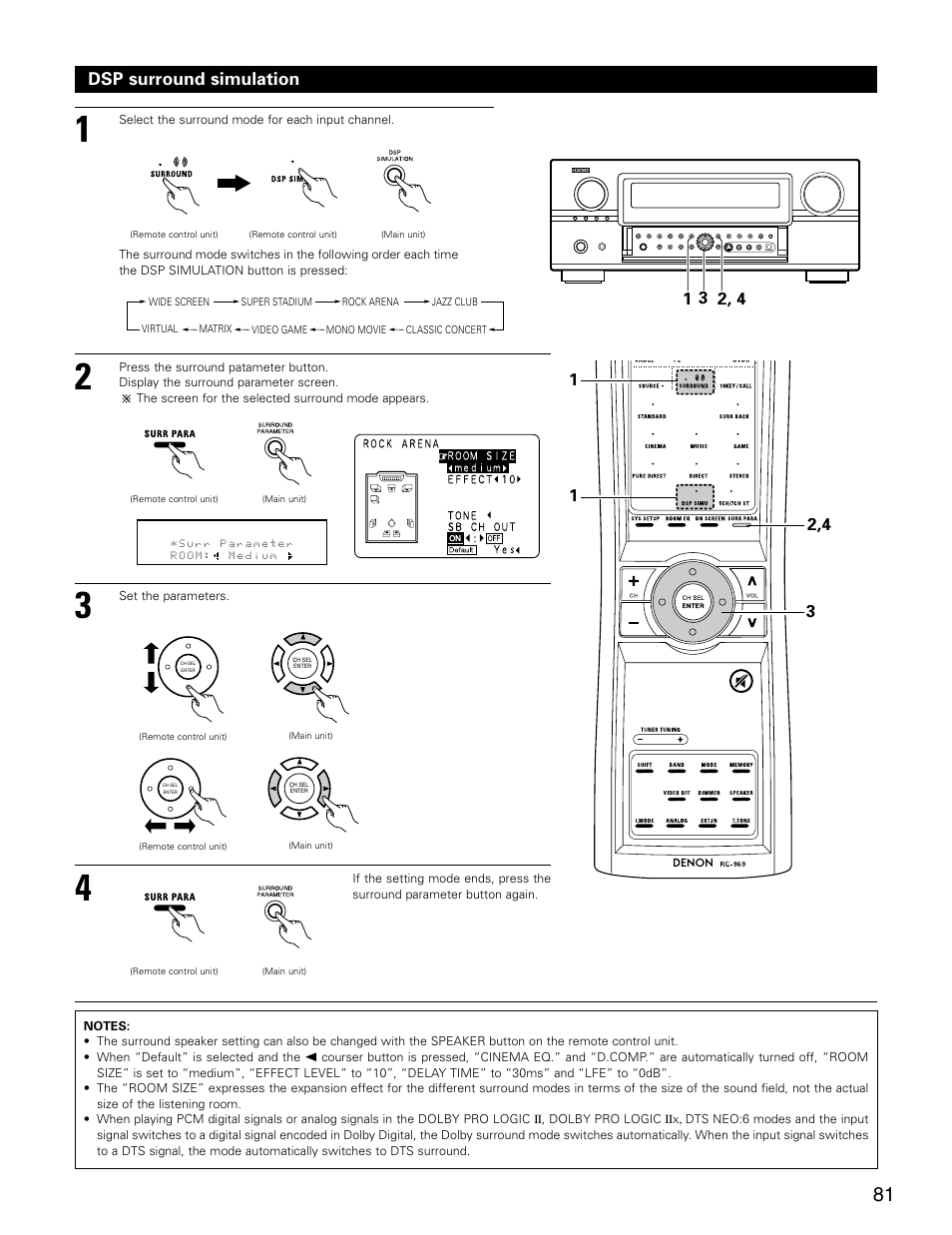 Dsp surround simulation | Denon AVR-3805 User Manual | Page 81 / 104