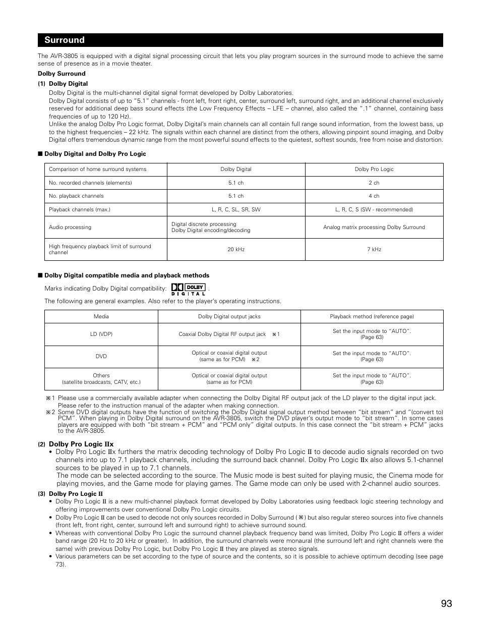 Surround | Denon AVR-3805 User Manual | Page 93 / 104