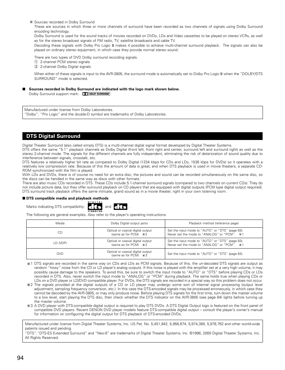 Dts digital surround | Denon AVR-3805 User Manual | Page 94 / 104
