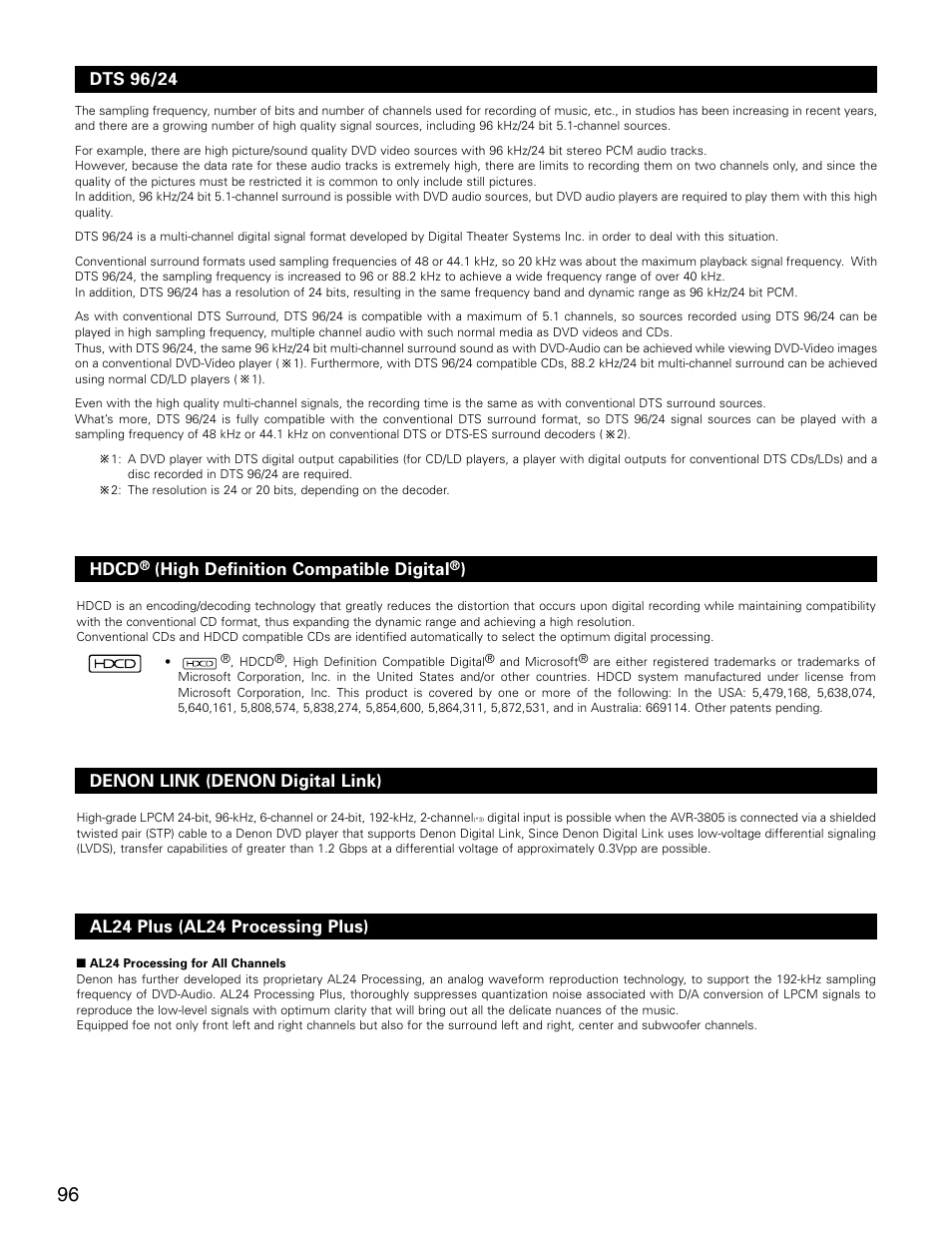 Dts 96/24 hdcd, High definition compatible digital, Denon link (denon digital link) | Al24 plus (al24 processing plus) | Denon AVR-3805 User Manual | Page 96 / 104