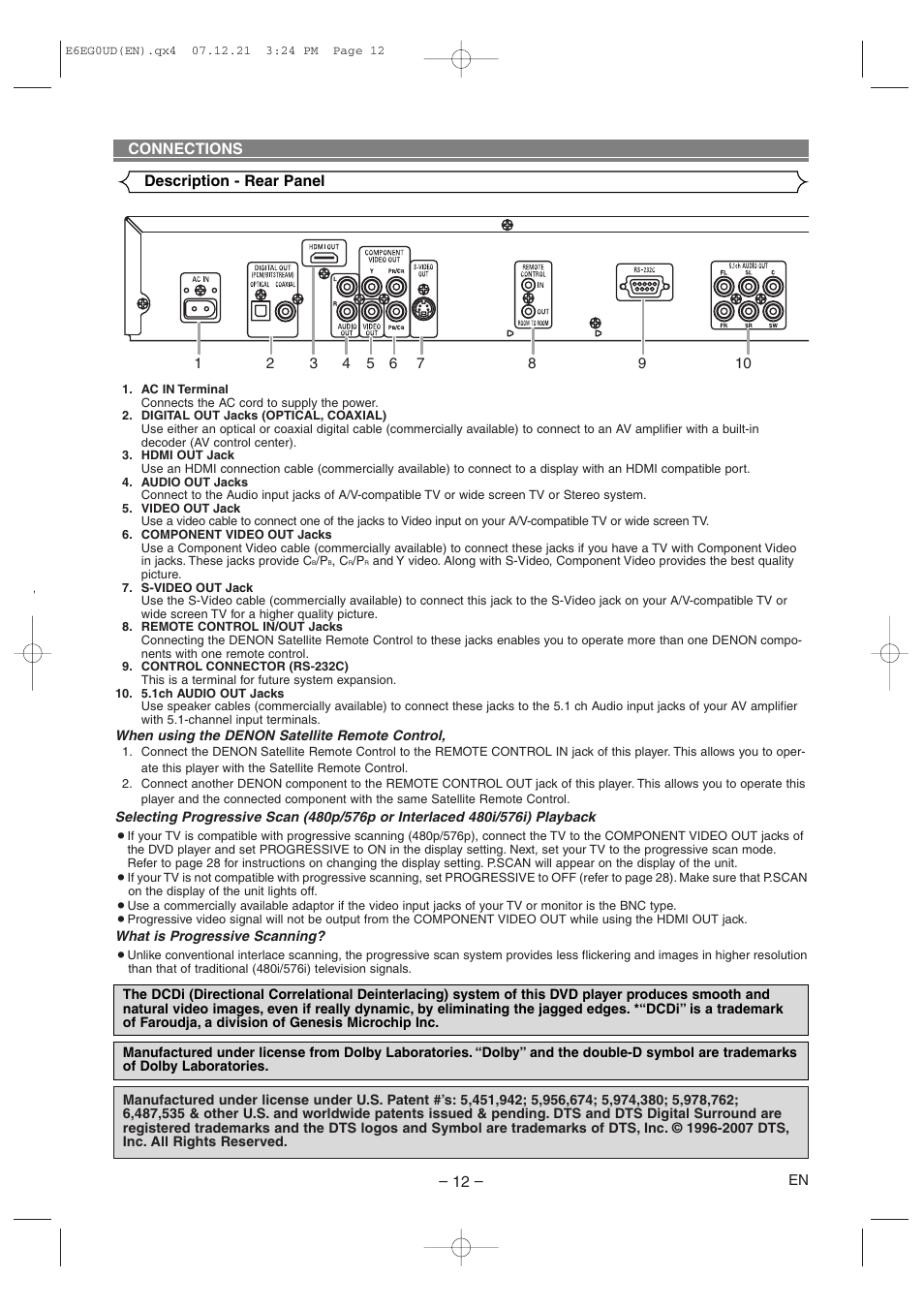 Connections description - rear panel | Denon DVD-758 User Manual | Page 12 / 36