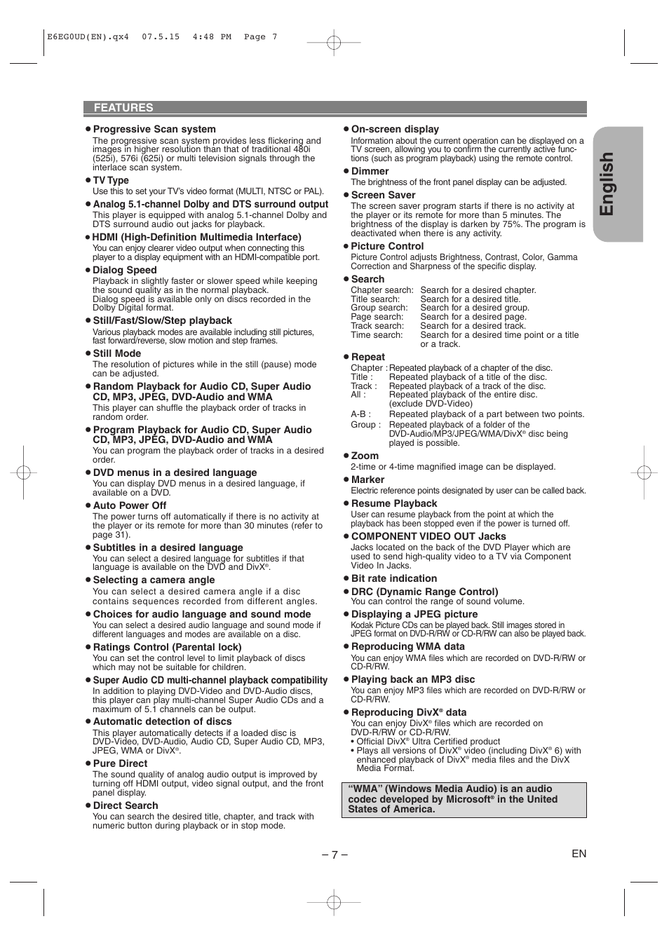 English, Features | Denon DVD-758 User Manual | Page 7 / 36