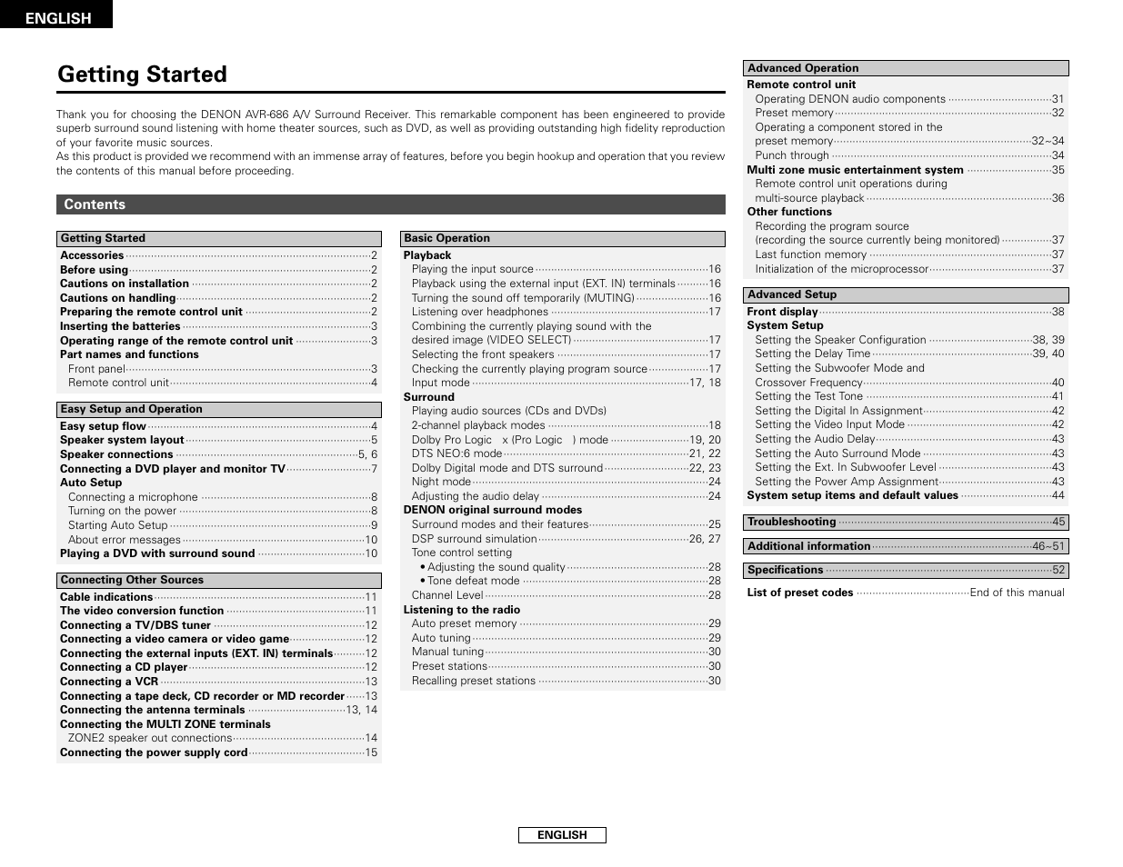 Getting started | Denon AVR-686S User Manual | Page 4 / 61