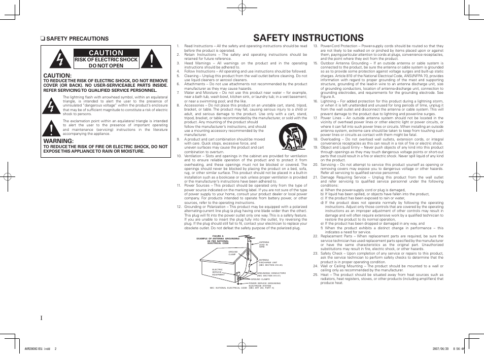 Safety instructions, Caution, Warning | Denon AVR-2808CI User Manual | Page 2 / 96