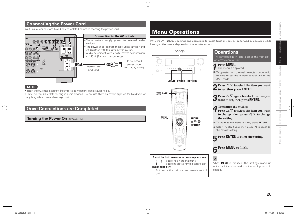 Menu operations, Connecting the power cord, Once connections are completed | Operations | Denon AVR-2808CI User Manual | Page 23 / 96