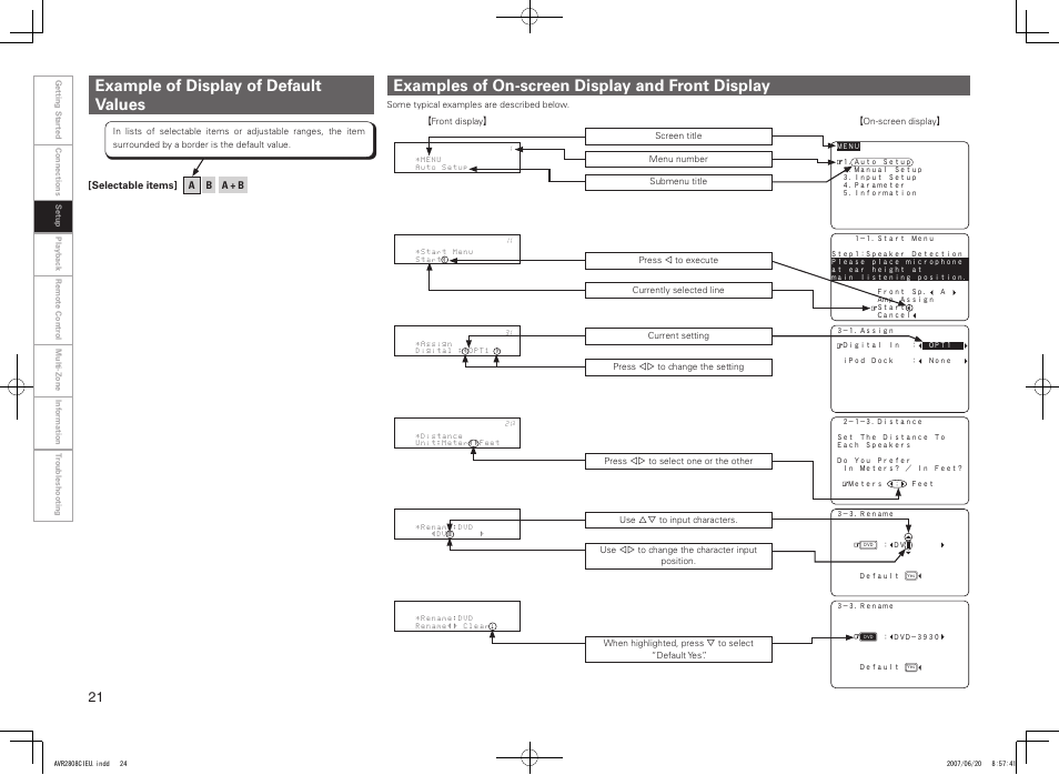 Examples of on-screen display and front display, Example of display of default values | Denon AVR-2808CI User Manual | Page 24 / 96