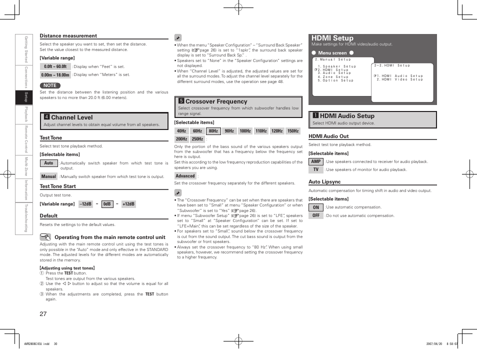 Hdmi setup, Fchannel level, Gcrossover frequency | Ahdmi audio setup | Denon AVR-2808CI User Manual | Page 30 / 96