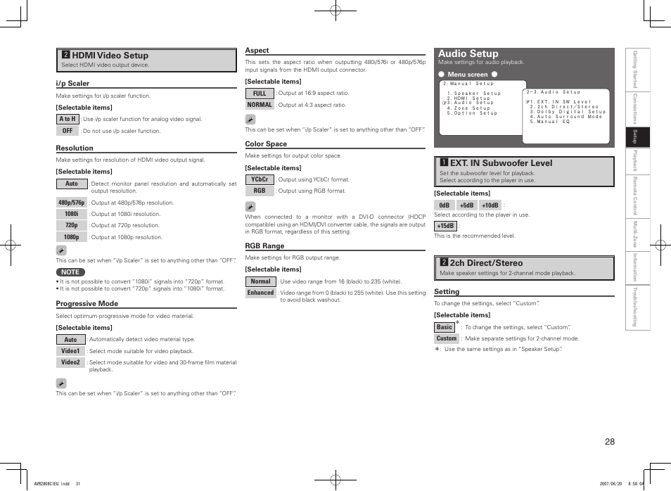 Audio setup, Shdmi video setup, Aext. in subwoofer level | S2ch direct/stereo | Denon AVR-2808CI User Manual | Page 31 / 96