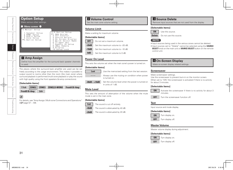 Option setup, Amp assign, Svolume control | Dsource delete, Fon-screen display | Denon AVR-2808CI User Manual | Page 34 / 96