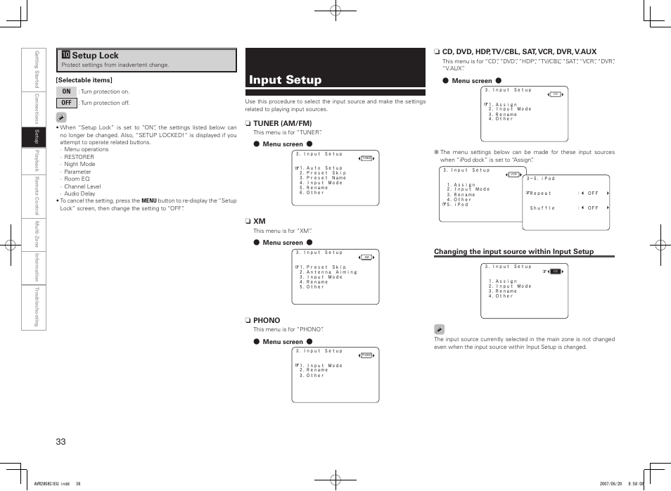 Input setup, A0 setup lock | Denon AVR-2808CI User Manual | Page 36 / 96