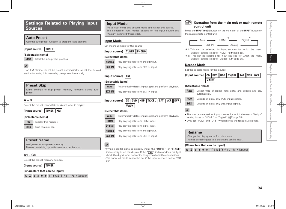 Settings related to playing input sources, Auto preset, Preset skip | Preset name, Input mode, Rename | Denon AVR-2808CI User Manual | Page 37 / 96