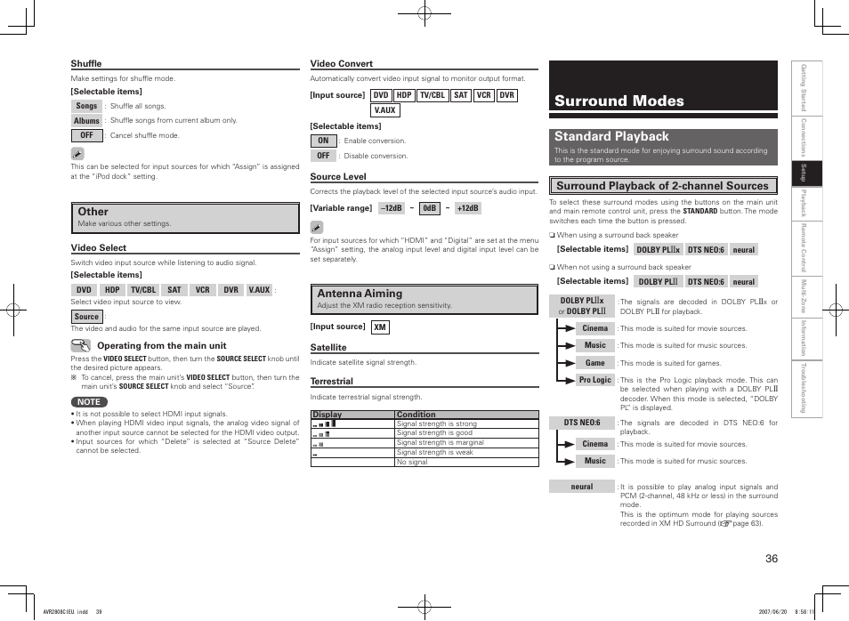 Surround modes, Standard playback, Antenna aiming | Surround playback of 2-channel sources, Other | Denon AVR-2808CI User Manual | Page 39 / 96