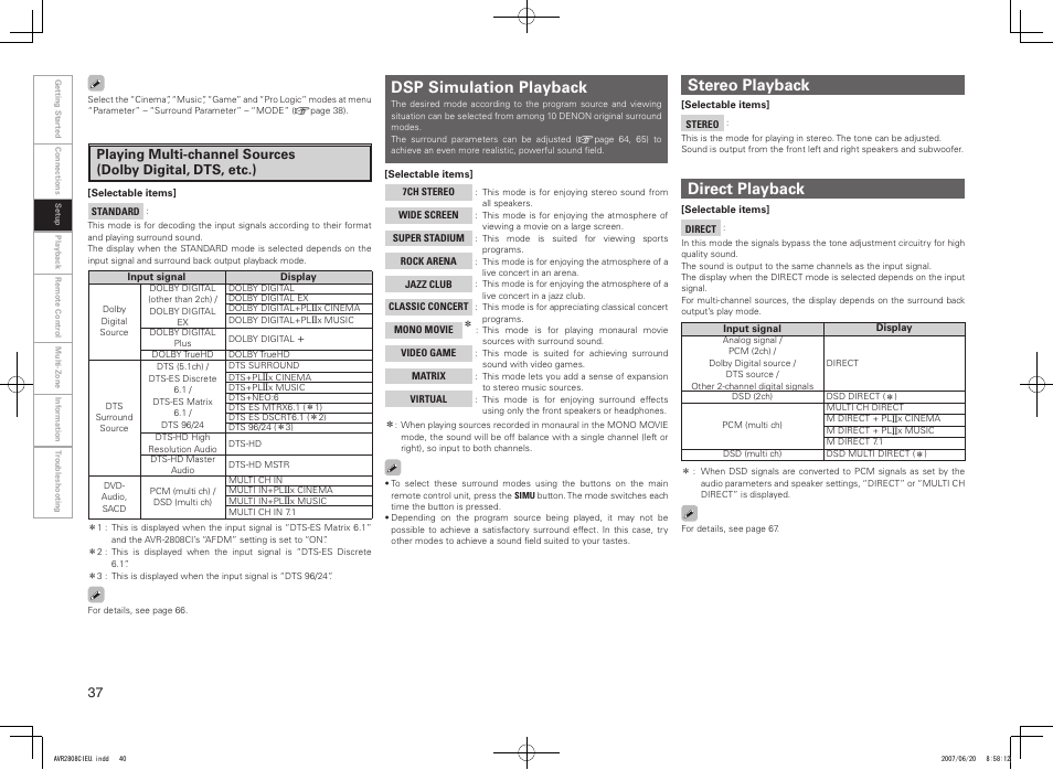 Dsp simulation playback, Direct playback, Stereo playback | Denon AVR-2808CI User Manual | Page 40 / 96