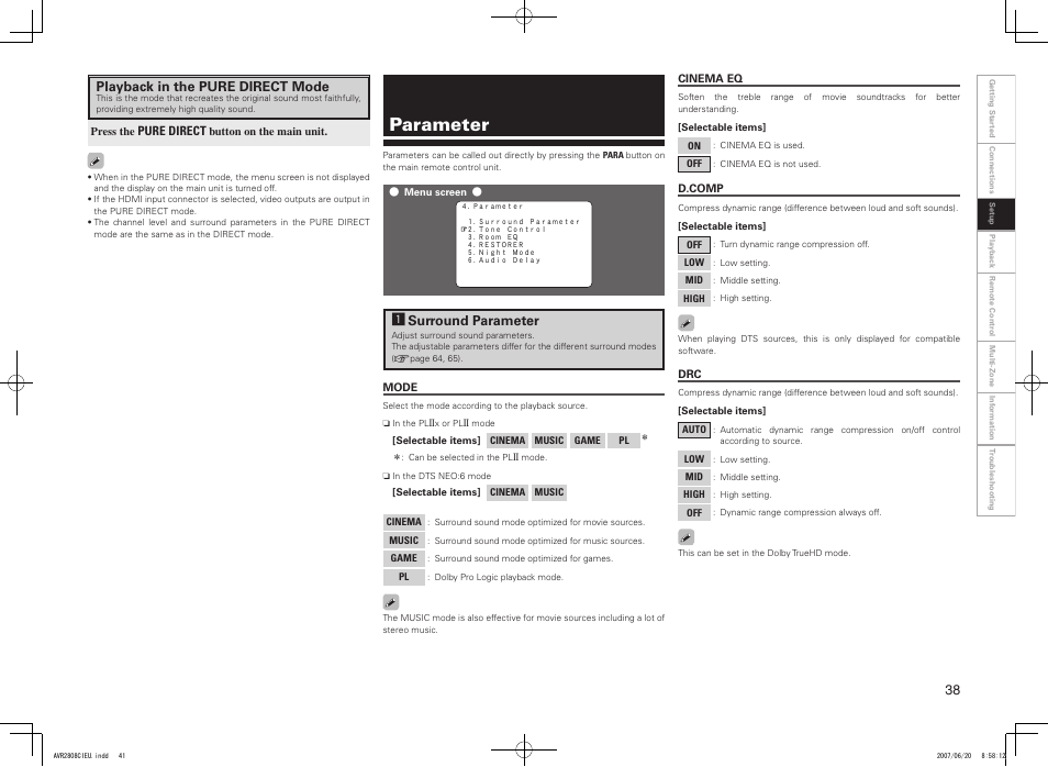 Parameter, Playback in the pure direct mode, Asurround parameter | Denon AVR-2808CI User Manual | Page 41 / 96