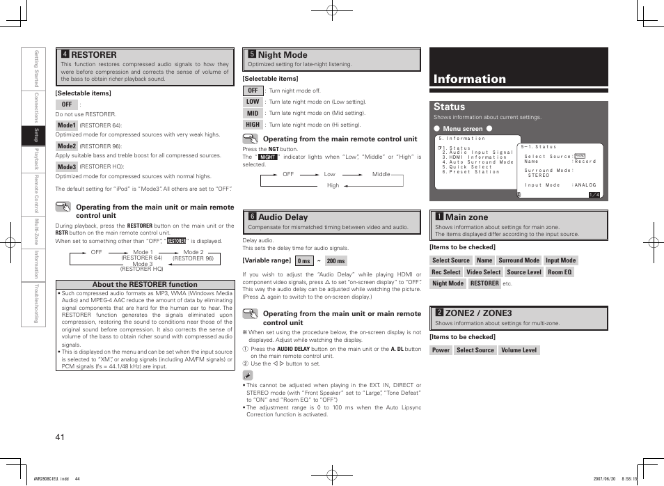 Information, Status, Frestorer | Gnight mode, Haudio delay, Amain zone, Szone2 / zone3 | Denon AVR-2808CI User Manual | Page 44 / 96