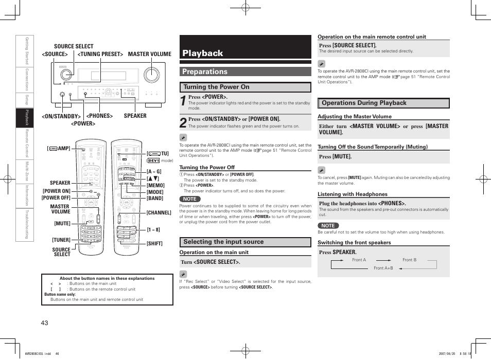 Playback, Preparations | Denon AVR-2808CI User Manual | Page 46 / 96
