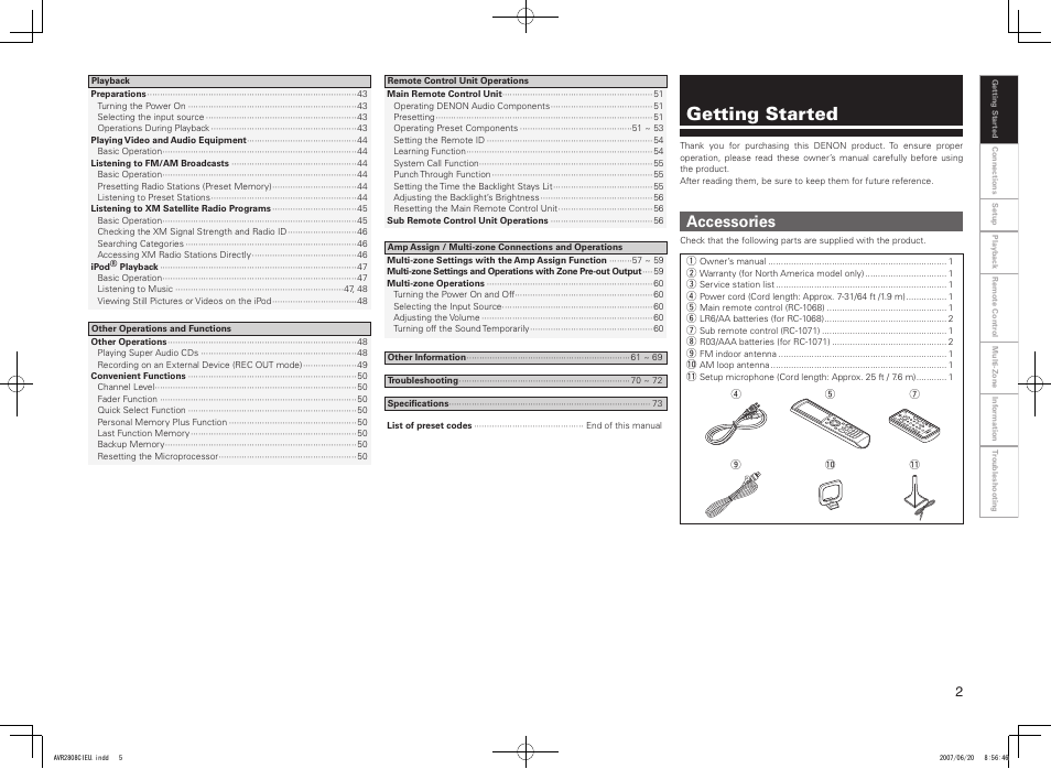 Getting started, Accessories | Denon AVR-2808CI User Manual | Page 5 / 96