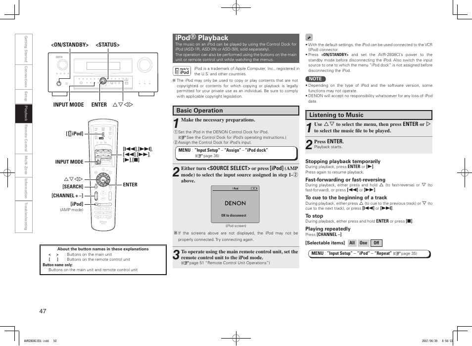 Ipod® playback | Denon AVR-2808CI User Manual | Page 50 / 96