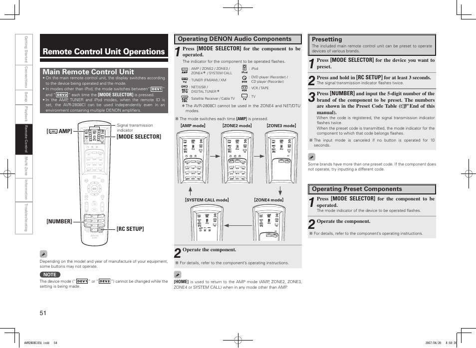 Remote control unit operations, Main remote control unit | Denon AVR-2808CI User Manual | Page 54 / 96