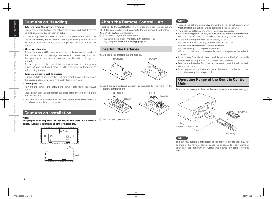 About the remote control unit, Cautions on handling cautions on installation, Inserting the batteries | Operating range of the remote control unit | Denon AVR-2808CI User Manual | Page 6 / 96