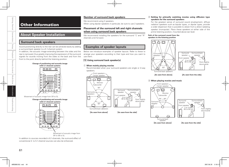 Other information, About speaker installation, Surround back speakers | Examples of speaker layouts | Denon AVR-2808CI User Manual | Page 64 / 96