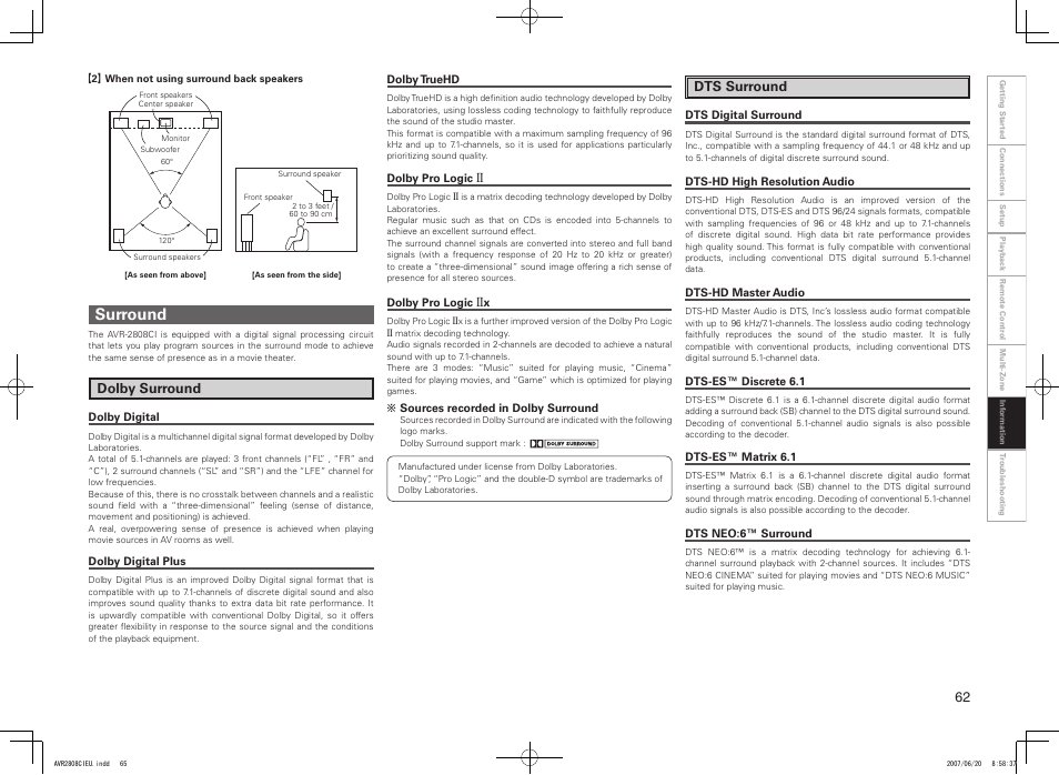 Surround, Dolby surround, Dts surround | Denon AVR-2808CI User Manual | Page 65 / 96