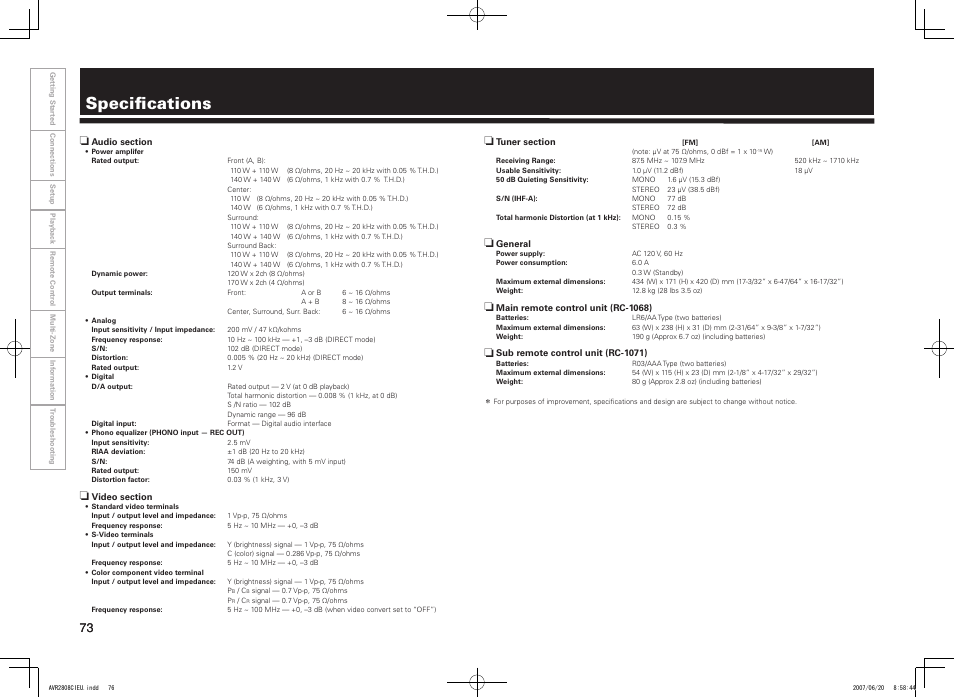 Specifications | Denon AVR-2808CI User Manual | Page 76 / 96