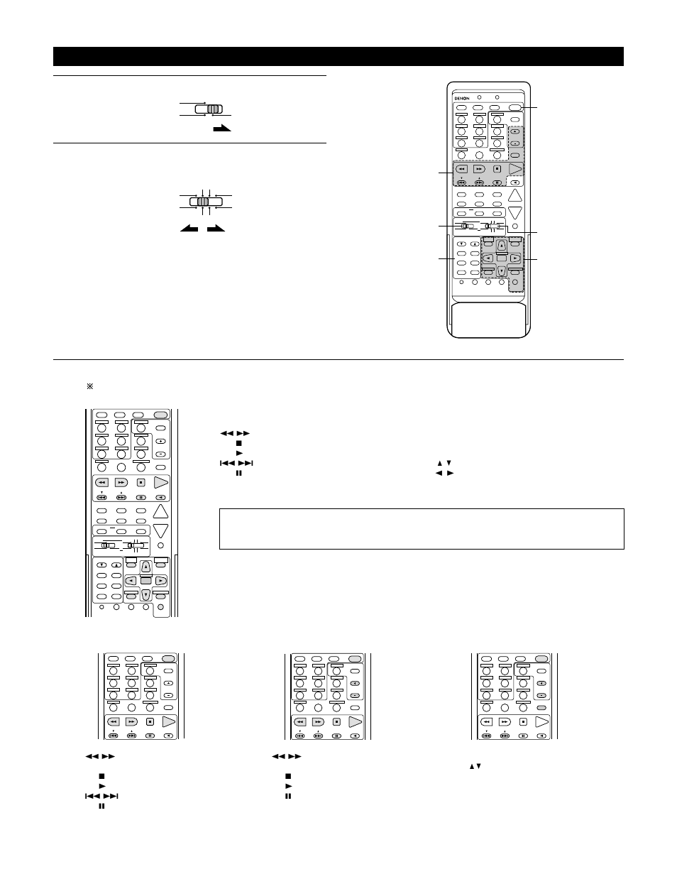 Set the slide switch to “video, Manual search (forward and reverse), Stop | Play, Auto search (cue), Cursor up/down, Power : power on/off, Pause 3. video deck (vcr) system buttons, Power : power on/off volume : volume | Denon AVR-4800 User Manual | Page 35 / 69