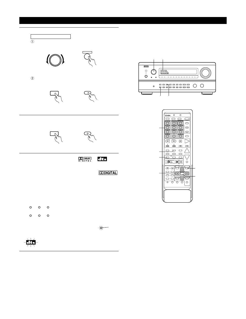 Select the input source, W set the input mode to “auto, Select the dolby surround mode | The dts indicator lights when playing dts sources, Playback with digital input | Denon AVR-4800 User Manual | Page 50 / 69