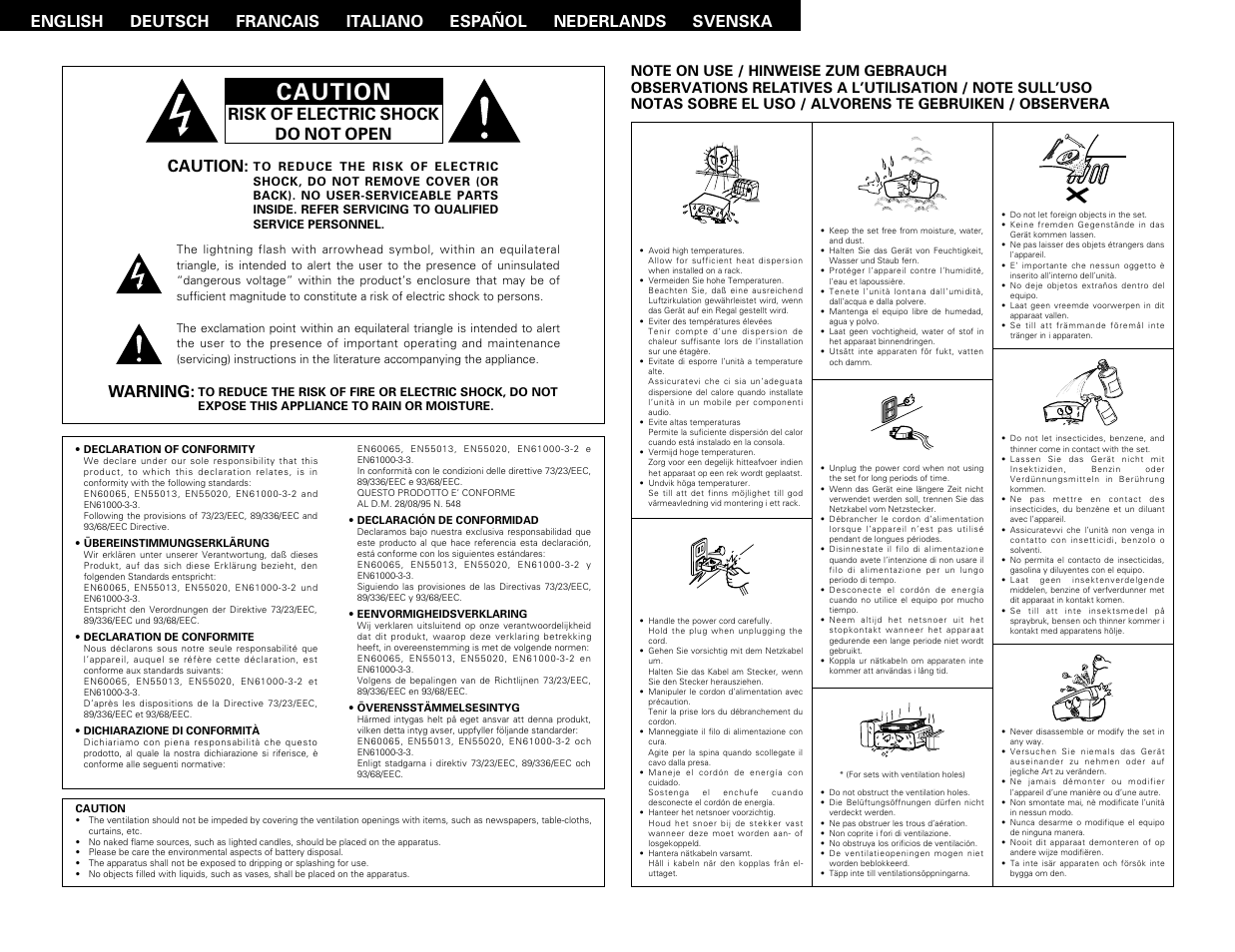 Caution, Warning, Risk of electric shock do not open caution | Denon AVR-1603 User Manual | Page 2 / 60