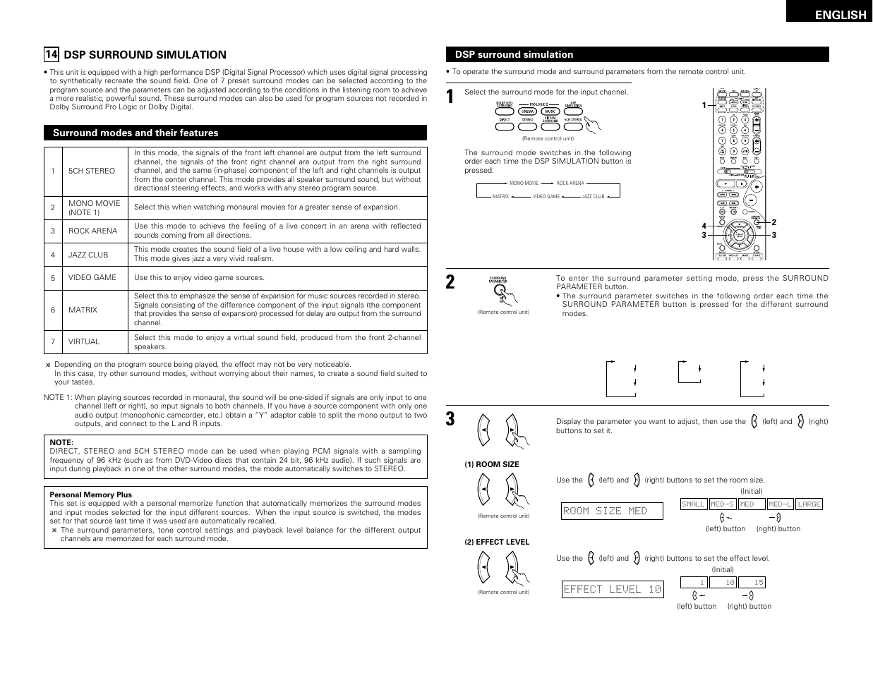 Dsp surround simulation, English 14 dsp surround simulation | Denon AVR-1603 User Manual | Page 21 / 60