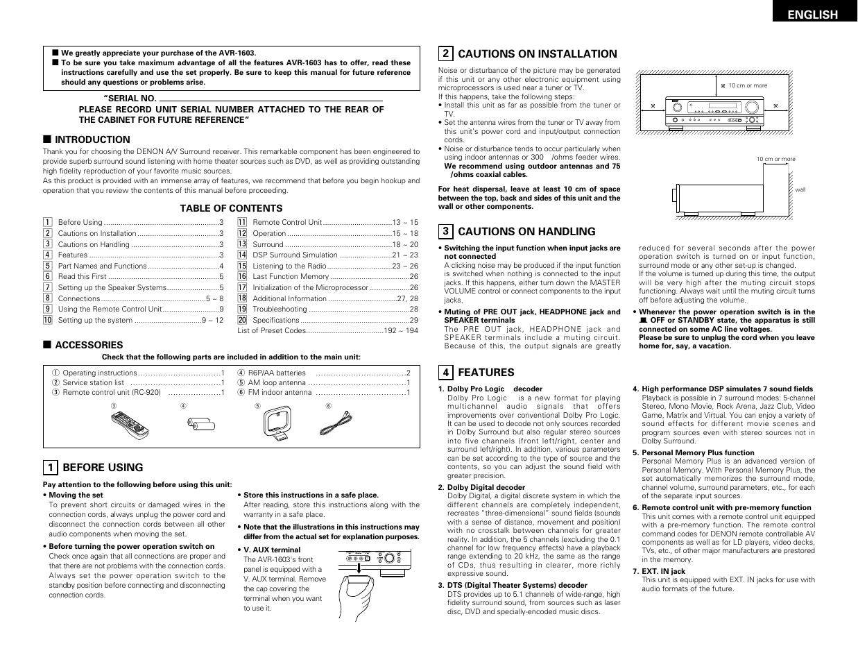 English, Before using, Cautions on installation | Cautions on handling, Features | Denon AVR-1603 User Manual | Page 3 / 60