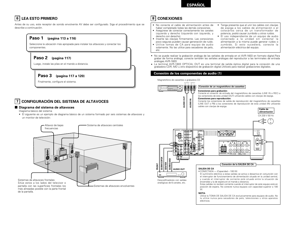 Lea esto primero, Configuración del sistema de altavoces, Conexiones | Paso 3, Paso 2, Paso 1, Español, 6 lea esto primero, 7 configuración del sistema de altavoces | Denon AVR-1603 User Manual | Page 32 / 60