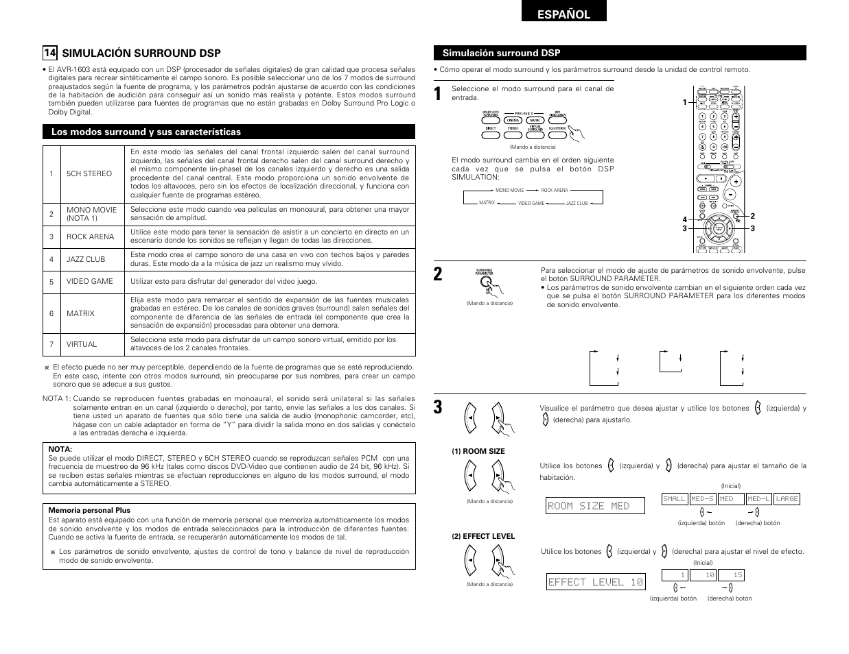 Simulación surround dsp, Español, 14 simulación surround dsp | Denon AVR-1603 User Manual | Page 48 / 60