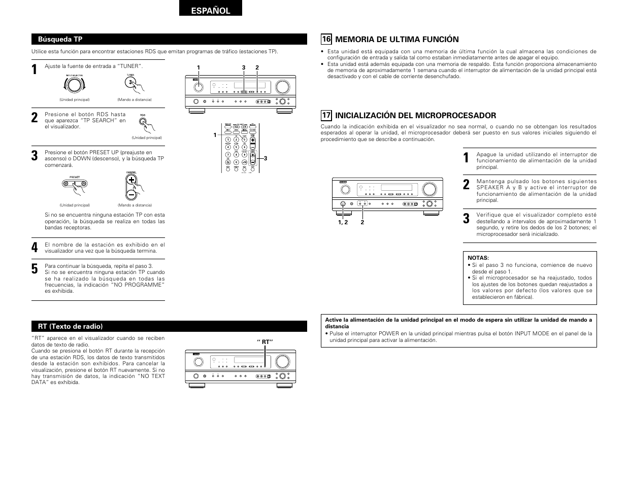 Memoria de ultima función, Inicialización del microprocesador | Denon AVR-1603 User Manual | Page 53 / 60