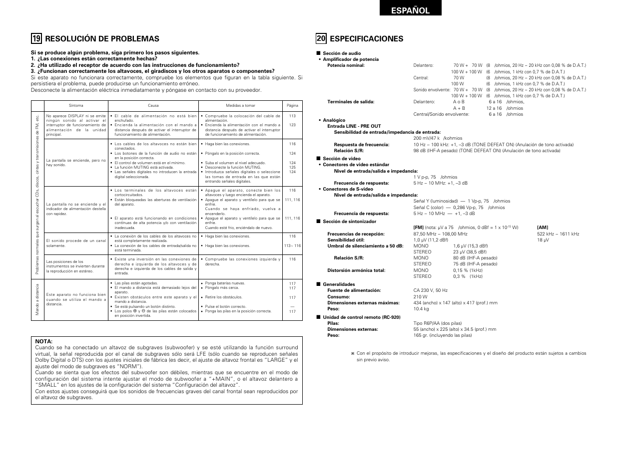 Resolución de problemas, Especificaciones, Español | Especificaciones 20 | Denon AVR-1603 User Manual | Page 56 / 60