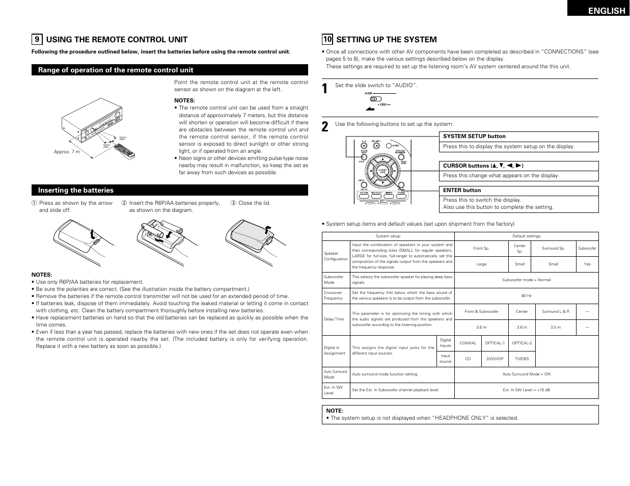 Using the remote control unit, Setting up the system, English | 9 using the remote control unit, 10 setting up the system | Denon AVR-1603 User Manual | Page 9 / 60