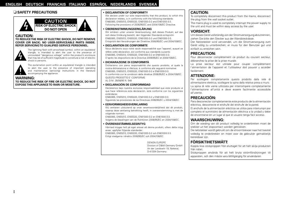Caution | Denon AVR-2309 User Manual | Page 2 / 81